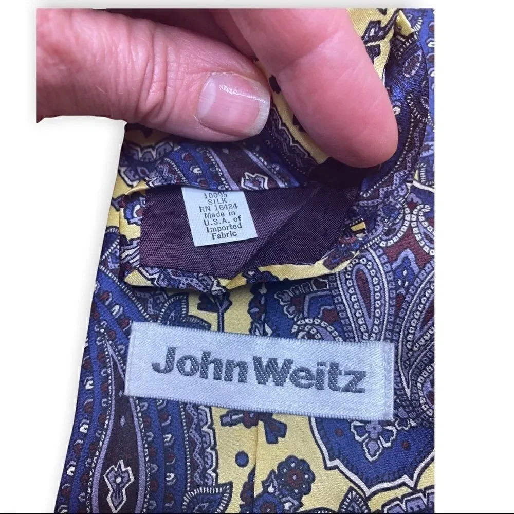 John Weitz 100% silk tie yellow with blue paisley pattern